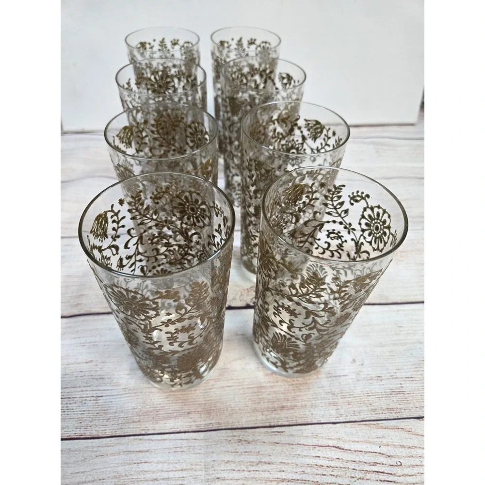 Mid Century Raised Painted Gold Floral‎ 8 Glass Water Bar Cups Vintage